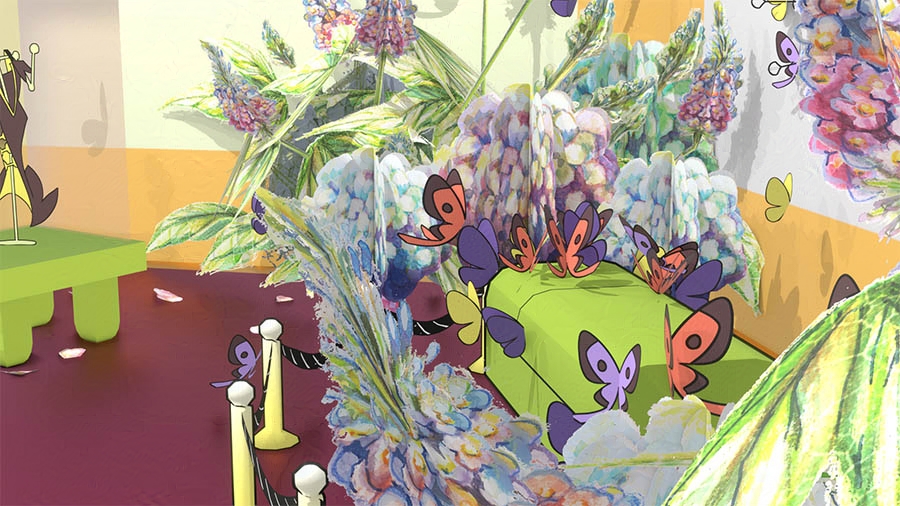 coffin, flowers, butterflies